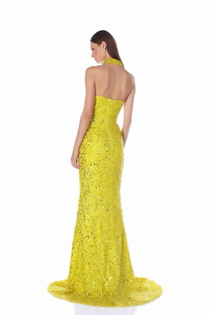 Gelbes  glitzerndes Abendkleid mit V Ausschnitt